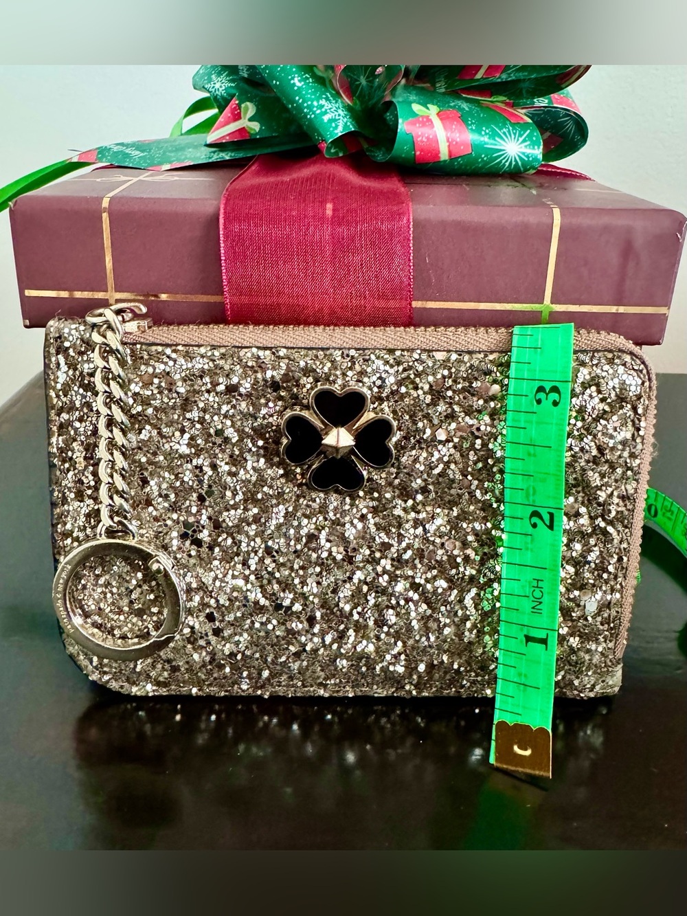 NWOT Kate Spade Odette Gunmetal Black Silver Glitter L-Zip Card Holder Wallet